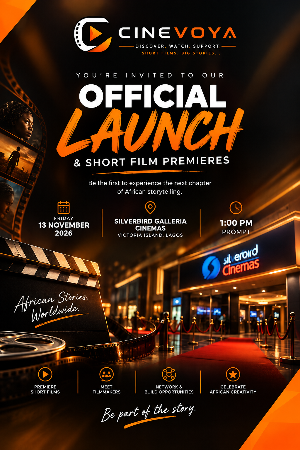 Cinevoya Official Launch — 13 November 2026, Silverbird Galleria, Victoria Island Lagos