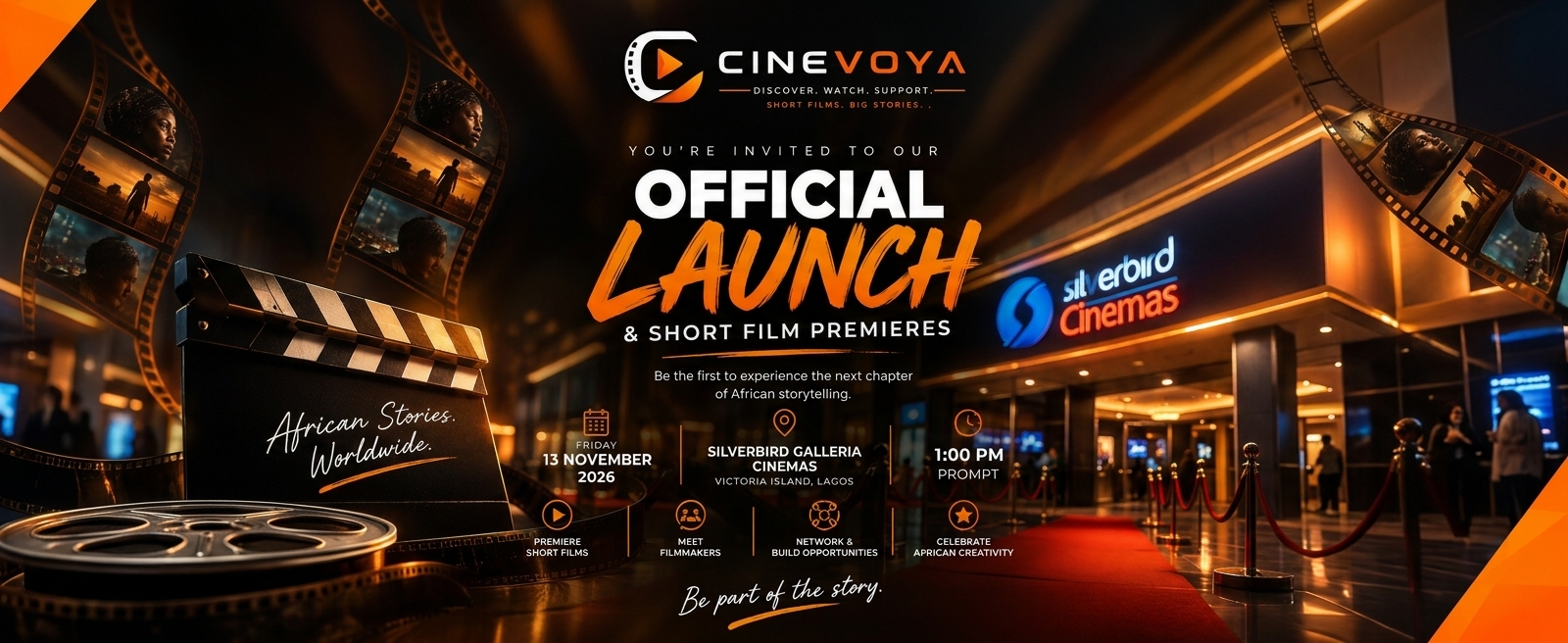 Cinevoya Official Launch — 13 November 2026, Silverbird Galleria, Victoria Island Lagos